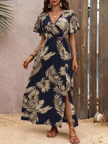 Breezaya 女式度假风短袖V领树叶印花连衣裙长款女装 - 藏蓝色 - 查看 4