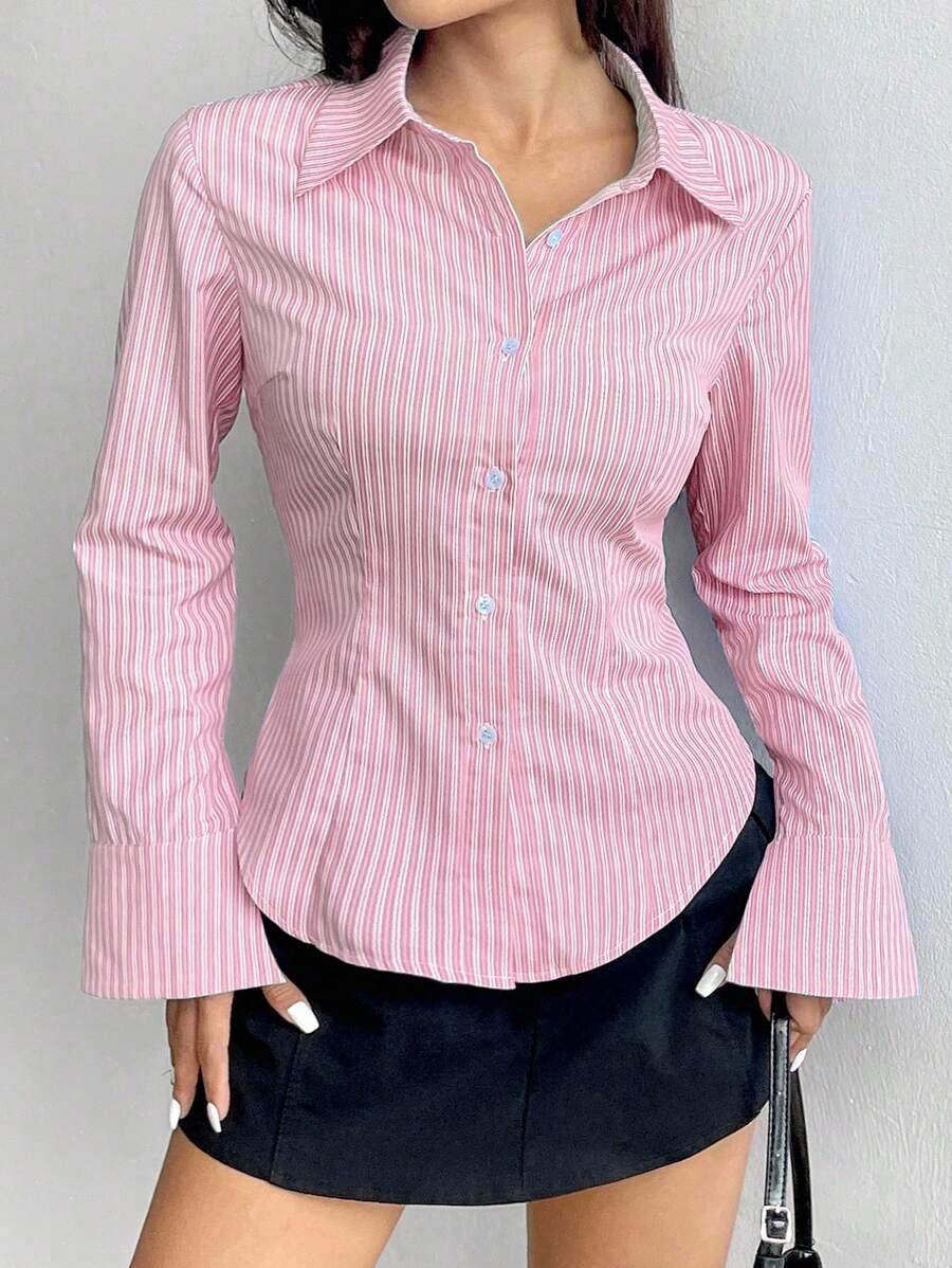Flirla Solid Color Slim Fit Striped Front Button Asymmetrical Hem Long Sleeve Shirt Fall Cloth For Women - Pink - View 1
