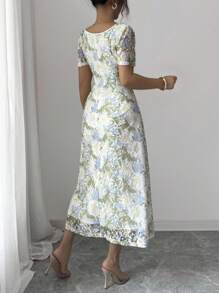 Elenzga Women's Elegant Embroidered Floral V-Neck Short Sleeve Dress, Summer - Multicolor - View 4