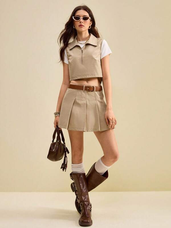 Muvela Women's Casual Top And Pleated Skirt Two Pieces Set Back To School Clothes Fall Clothes Autumn Cow Girl Outfit Women Cowgirls Outfits Khaki Skirt Short Skirt Set