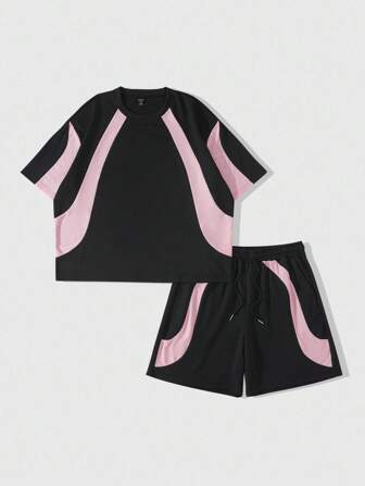 Prep Conjunto de camisetas de hombre con patchwork, corte holgado y acortado