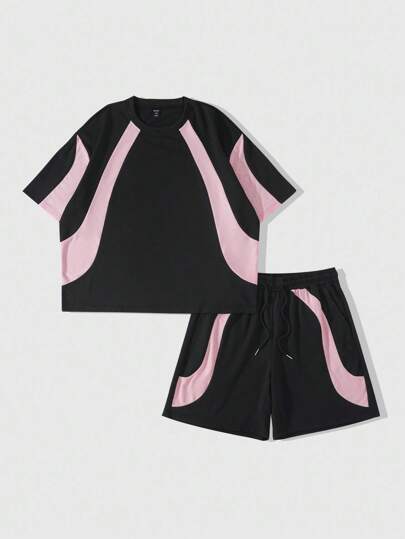 Prep Conjunto de camisetas de hombre con patchwork, corte holgado y acortado