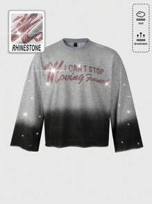 ROMWE MEN Street Life 男式缀饰水钻水洗印花长袖 T 恤，宽松短款 - 灰色 - 查看 1