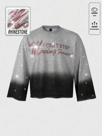 Street Life Tee-shirt à manches longues pour hommes avec imprimé lavé et strass, style ample et court