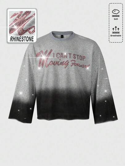 Street Life Camiseta de manga larga con estampado de lavado de rhinestones embellecido, estilo suelto y corto para hombre