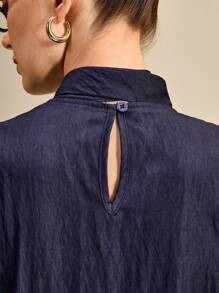 Muvela Robe courte pour femme avec ceinture en PU, ourlet plissé et cou attaché. Vêtements de retour à l'école et tenue de bureau décontractée - Bleu marine - Voir 4