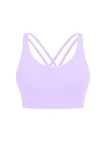 SHEIN Top sport elastic pentru fete Tween, cu bretele încrucișate la spate cu model yoga scene, sutien sport cu căptușeală detașabilă, absorbție a umezelii și transpirație - Violet - Vizualizare 3