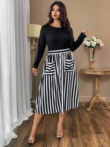 SHEIN Clasi Plus Size Women's Solid Color Comfortable Round Neck Long Sleeve T-Shirt With Women's Striped Print With Button Pocket Belt Design Waist Skirt Elegant Women's Two Pieces Set - Black and White - View 5