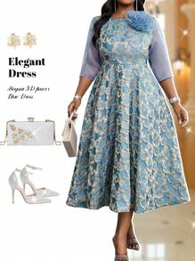 Fleurora 春夏优雅派对婚礼鸡尾酒会音乐会/音乐节蓝色编织提花圆领喇叭形 3D 玫瑰修身喇叭裙中长七分袖大码连衣裙优雅女装高档服装优雅礼服婚礼