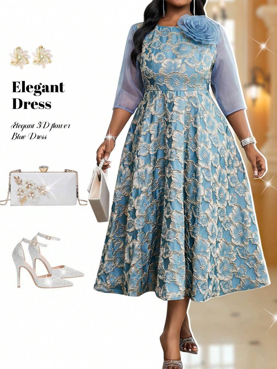 Fleurora 春夏优雅派对婚礼鸡尾酒会音乐会/音乐节蓝色编织提花圆领喇叭形 3D 玫瑰修身喇叭裙中长七分袖大码连衣裙优雅女装高档服装优雅礼服婚礼