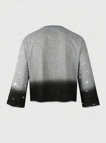 ROMWE MEN Street Life 男式缀饰水钻水洗印花长袖 T 恤，宽松短款 - 灰色 - 查看 2