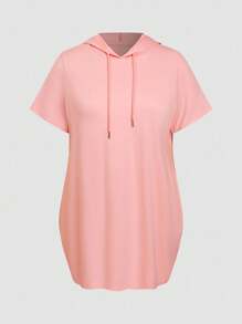 SHEIN 大码女式休闲纯色连帽短袖上衣 - 粉色 - 查看 4