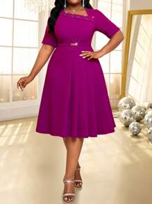 SHEIN Lady 春夏秋冬优雅朴素派对婚礼鸡尾酒会情人节音乐会/音乐节办公室紫色针织不对称领口喇叭褶饰腰带中长袖加大码连衣裙