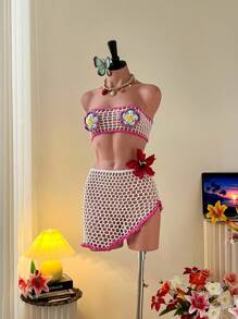 SHEIN Swim 2 件套夏季海滩花卉钩针露肩上衣和镂空裙套装，女士度假罩衫 - 彩色 - 查看 5