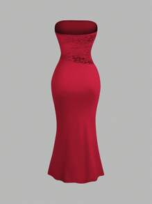 SHEIN PETITE 女士甜美粉色蕾丝吊带鱼尾长裙，春夏 - 紅色 - 查看 2