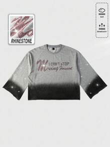 ROMWE MEN Street Life 男式缀饰水钻水洗印花长袖 T 恤，宽松短款 - 灰色 - 查看 6