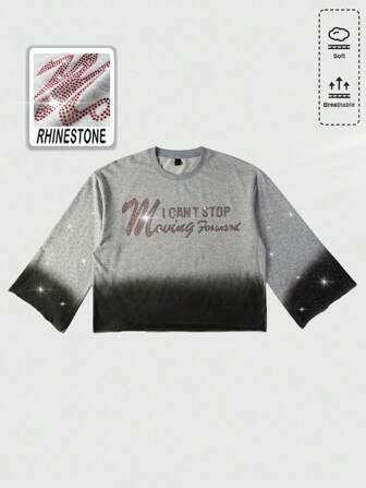 Street Life Men's Embellished Rhinestone Wash Print Long Sleeve T-Shirt, Loose & Short Style