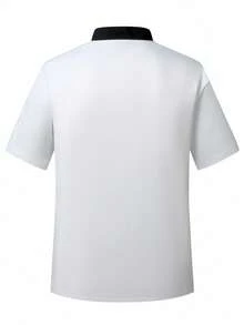 Manfinity Homme 男士撞色饰边前扣贴袋短袖工作厨师衬衫，夏季厨师夹克男士短袖厨师外套男士厨师衬衫 - 白色 - 查看 2
