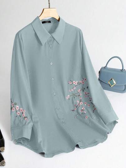 Lacomfia Women Casual Flower Embroidery Long Sleeve Shirt