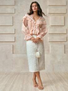 Chiquease Camisa Elegante de Mulher com Gola em V de Tecido de Chiffon de Manga Longa, Silhueta com Renda de Pérolas Falsas, Barra com Babados, Costura Francesa, Contraste de Cor, Pó de Borracha, Estilo Vintage para Professoras, Cruzeiro, Outono, Primavera, Casual - Damasco - Visão 5