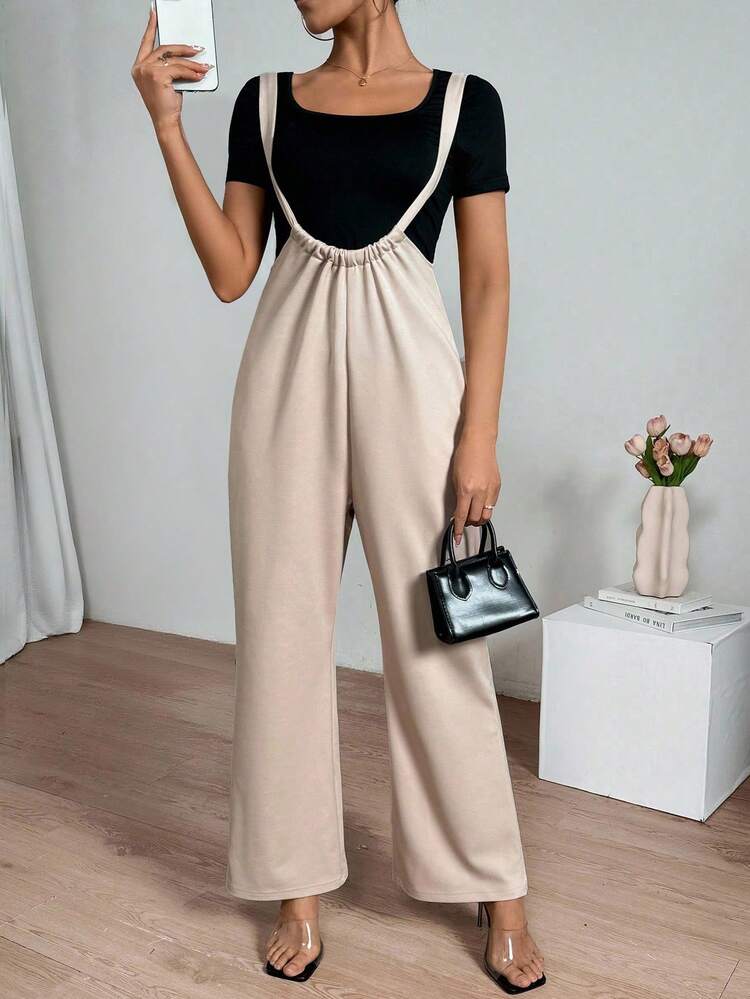 Women's Solid Color Short Sleeve T-Shirt And Overall Pants Set