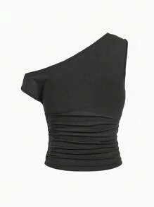 SHEIN Serisse Kids 青少年女孩休闲街头时尚黑色不对称领口褶饰修身 T 恤 - 黑色 - 查看 3