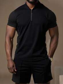 Manfinity Homme 男士夏季简约拉链领短袖 Polo 衫和短裤套装 - 黑色 - 查看 1