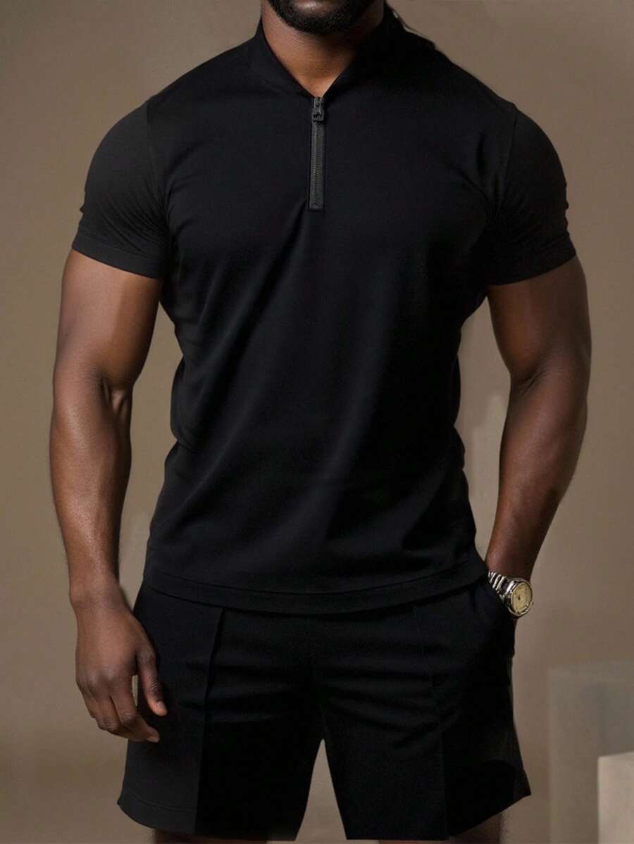 Manfinity Homme 男士夏季简约拉链领短袖 Polo 衫和短裤套装 - 黑色 - 查看 1