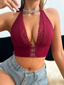 SHEIN 女士浪漫蕾丝拼布前开扣文胸 - 酒紅色 - 查看 4