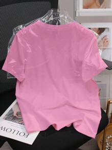 SHEIN 大码女式时尚蝴蝶结亮片装饰短袖T恤，夏季 - 粉色 - 查看 2