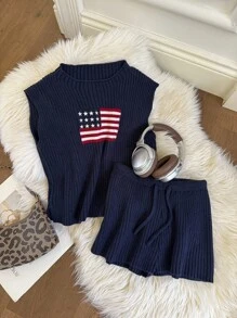 Muchica 4th Of July Women's New Sleeveless Flag Print Knit Top And Leggings Set For Independence Day - Navy Blue - View 4