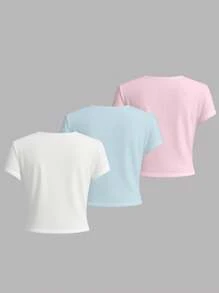 SHEIN 3 件套女童短款上衣，花卉印花百合和芙蓉图案 - 淺藍色 - 查看 2