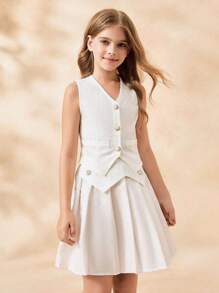 SHEIN 青少年女孩优雅时尚 V 领无袖束腰不对称下摆白色无袖衬衫和松紧腰短褶裙套装 - 白色 - 查看 6