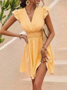 SHEIN PETITE 简约优雅条纹无袖短款女式连衣裙 - 黃色 - 查看 4