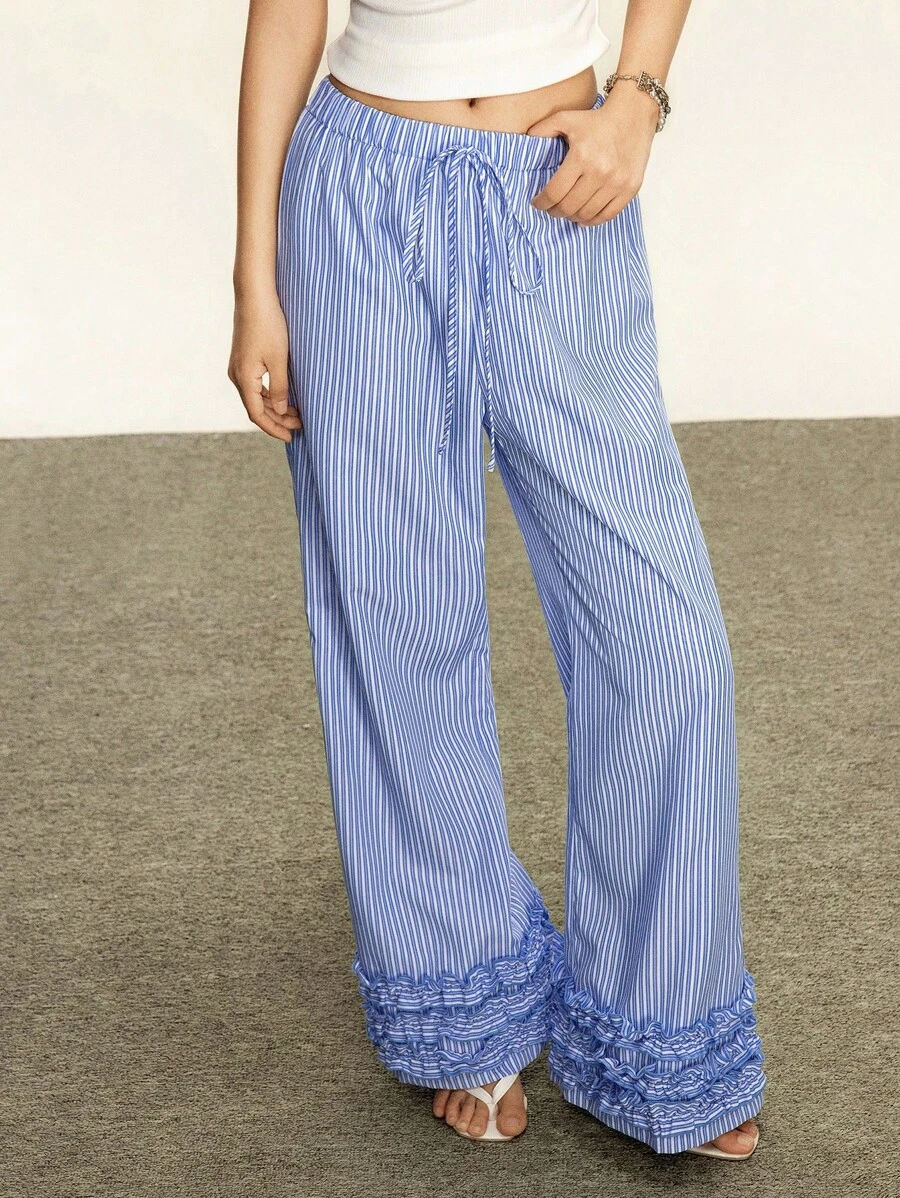 Rina Fox Blue & White Striped Floral Lace Trim Wide Leg Pants For Women, Summer Casual Fall Cloth For Women - Blue and White - View 1