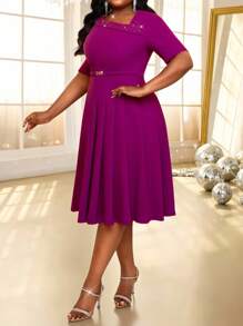 SHEIN Lady 春夏秋冬优雅朴素派对婚礼鸡尾酒会情人节音乐会/音乐节办公室紫色针织不对称领口喇叭褶饰腰带中长袖加大码连衣裙