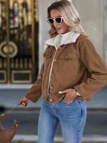 SHEIN PETITE 女士休闲灯芯绒衬里夹克，秋冬 - 棕色 - 查看 3