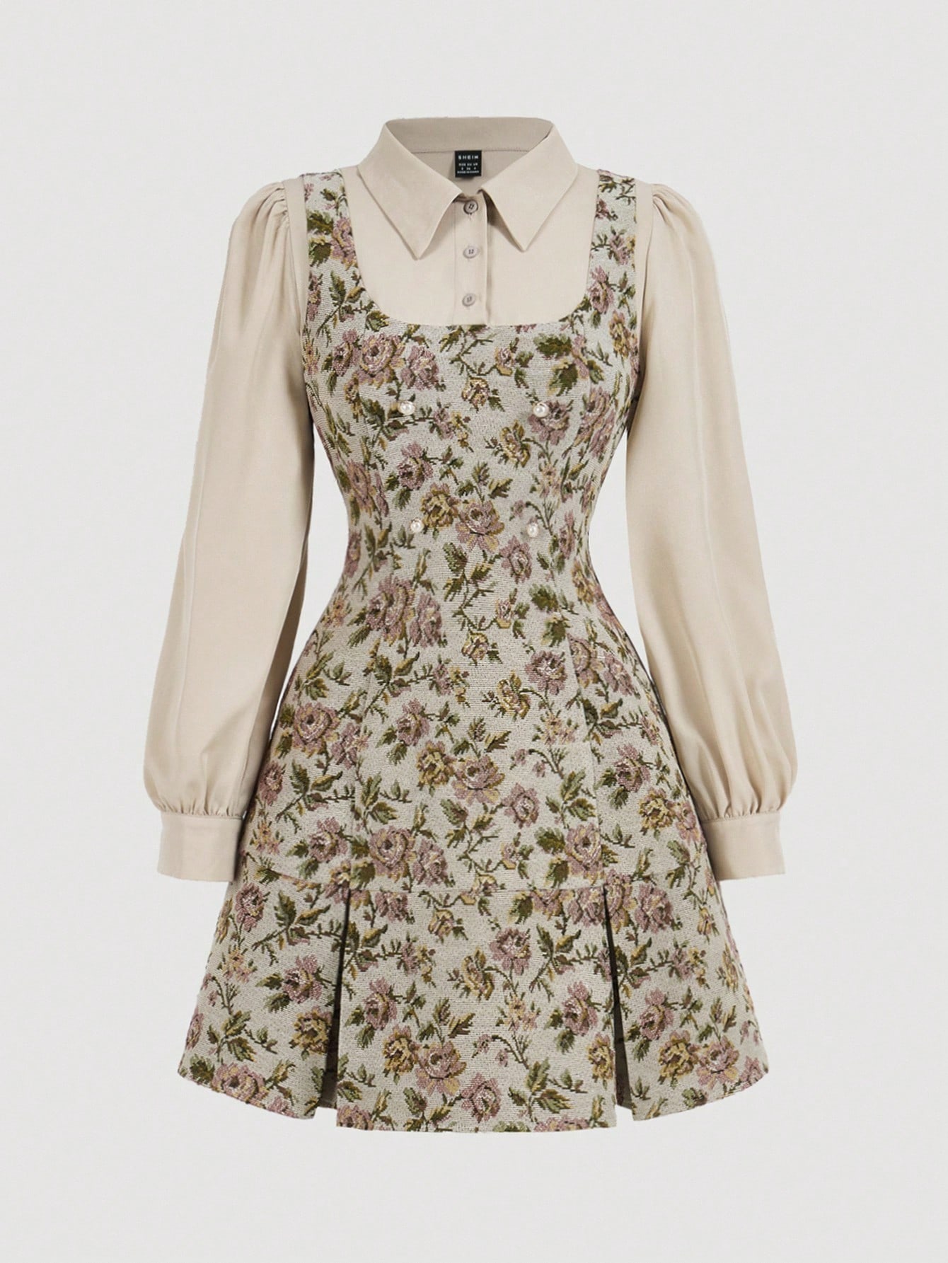 SHEIN فستان قميص أنيق بلون بيج عتيق بطبعات زهرية ل...