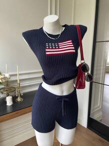 Muchica 4th Of July Women's New Sleeveless Flag Print Knit Top And Leggings Set For Independence Day - Navy Blue - View 3