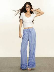 Rina Fox Blue & White Striped Floral Lace Trim Wide Leg Pants For Women, Summer Casual Fall Cloth For Women - Blue and White - View 6
