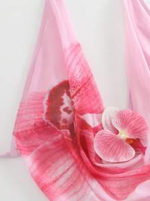 Swim Oasis 3pcs/Set Women's Vacation Floral Swimwear, Fashion Sexy Deep Draped Neck Strap Halter Bikini Cropped Top & Mini Skirt Set For Summer - Pink - View 6