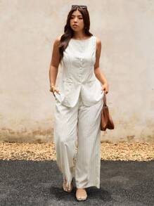 Elaquor Conjunto informal de 2 piezas, talla grande, para mujer, para uso de oficina/viajes, estilo a rayas, versátil, blusa y pantalones, para el verano