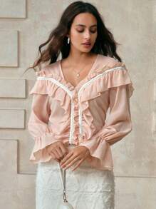 Chiquease Camisa Elegante de Mulher com Gola em V de Tecido de Chiffon de Manga Longa, Silhueta com Renda de Pérolas Falsas, Barra com Babados, Costura Francesa, Contraste de Cor, Pó de Borracha, Estilo Vintage para Professoras, Cruzeiro, Outono, Primavera, Casual - Damasco - Visão 4
