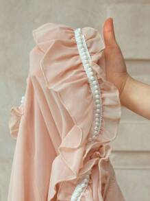 Chiquease Camisa Elegante de Mulher com Gola em V de Tecido de Chiffon de Manga Longa, Silhueta com Renda de Pérolas Falsas, Barra com Babados, Costura Francesa, Contraste de Cor, Pó de Borracha, Estilo Vintage para Professoras, Cruzeiro, Outono, Primavera, Casual - Damasco - Visão 7