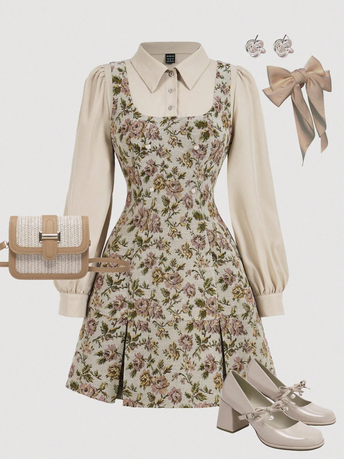 SHEIN فستان قميص أنيق بلون بيج عتيق بطبعات زهرية ل...