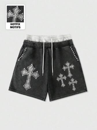 Goth Men Distressed Waistband Double Layer Cross Diamond Wash Shorts