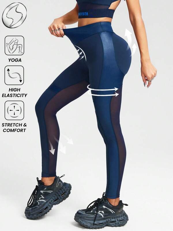 Innovista Metallic Shimmer Workout Sports Leggings High Waisted V Waisted Butt Lifting Daily Athleisure Yoga HIIT Training Office To Gym High Stretch Tights Activewear Bottoms Summer Clothes Trousers Comfort Movement Functional Mesh Panel Breathable Cut Out Fitness