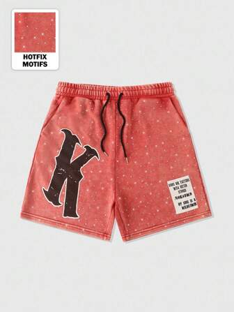 Prep Shorts para hombres con diamantes brillantes, eslogan impreso y cintura con cordón