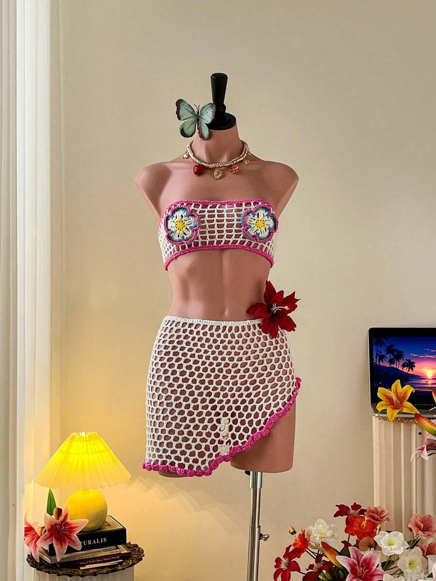 SHEIN Swim 2 件套夏季海滩花卉钩针露肩上衣和镂空裙套装，女士度假罩衫 - 彩色 - 查看 1