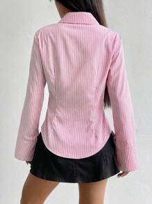 Flirla Solid Color Slim Fit Striped Front Button Asymmetrical Hem Long Sleeve Shirt Fall Cloth For Women - Pink - View 2
